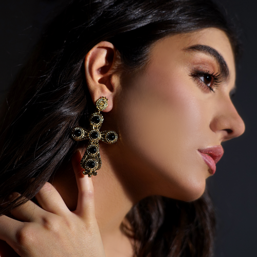 Black Stone Cross Earrings