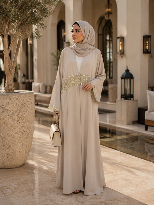 Sand Lace Elegance Abaya